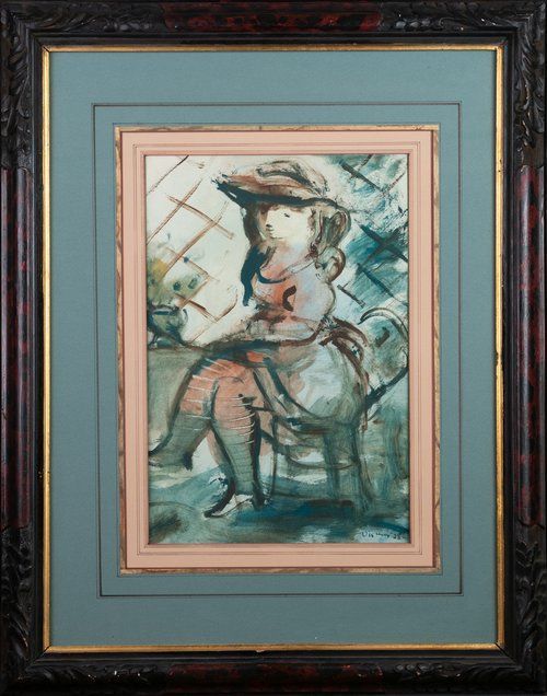 A framed painting of a woman sitting in a chair