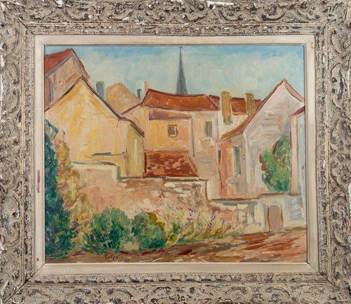 A painting of a village with a church steeple in the background