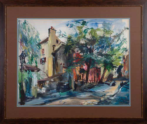 A framed painting of a street scene with houses and trees