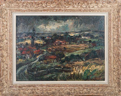 It is a painting of a landscape with a village in the background.