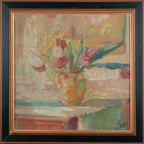 A framed painting of flowers in a vase on a table