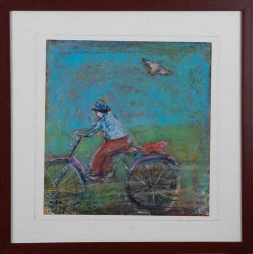 A painting of a man riding a bicycle with a bird flying in the background.