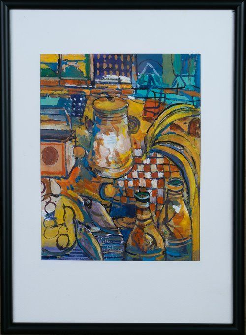 A framed painting of bananas and bottles on a table