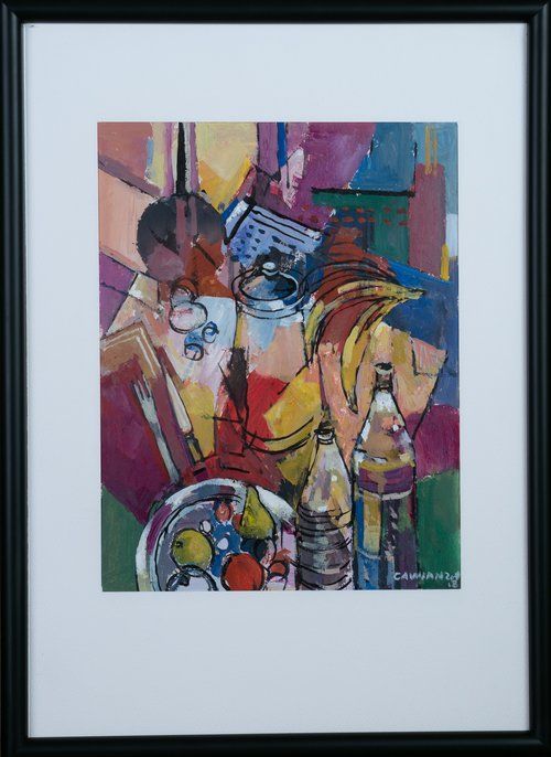 A framed painting of a table with a bowl of fruit and bottles