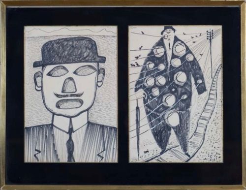 A drawing of a man in a hat and a drawing of a man in a suit
