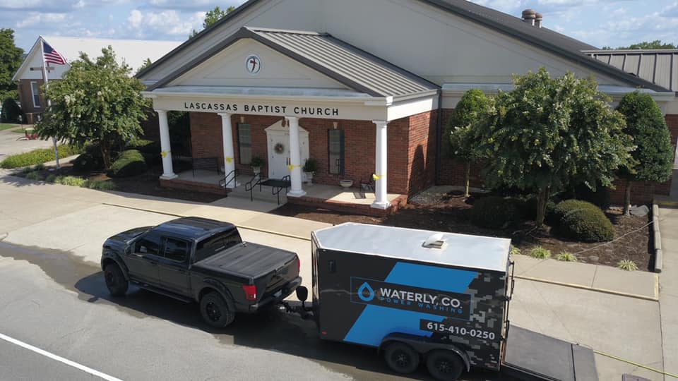 Company truck and church