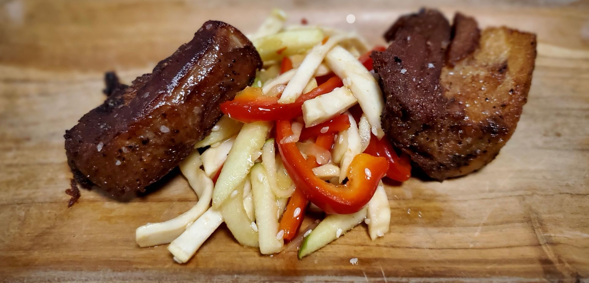Sous Vide Pork Belly with Maple Miso Glaze and Apple Celery Root Slaw