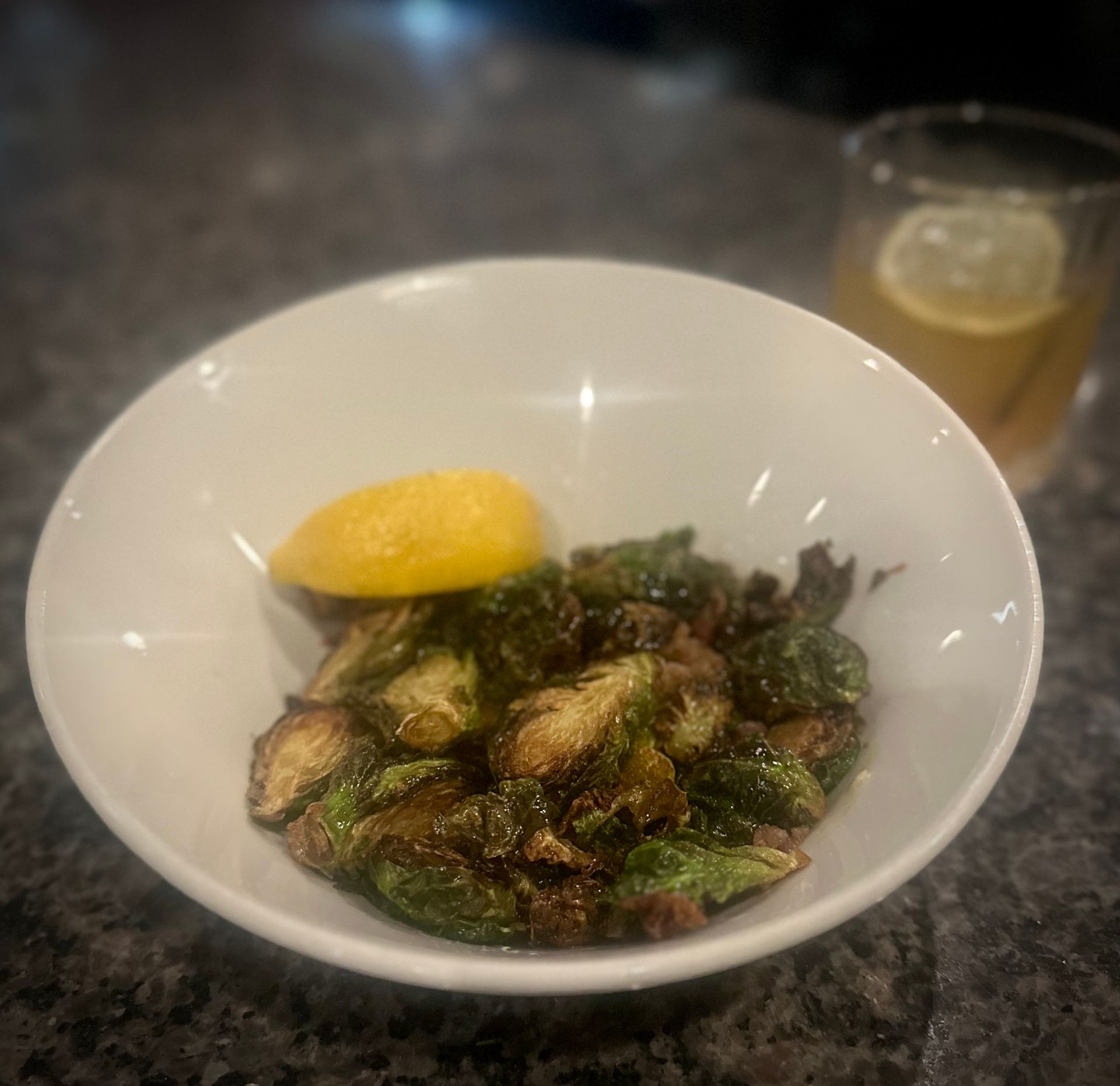 Crispy Fried Brussel Sprouts with Bacon, Cider Vinaigrette, and Shaved Parm