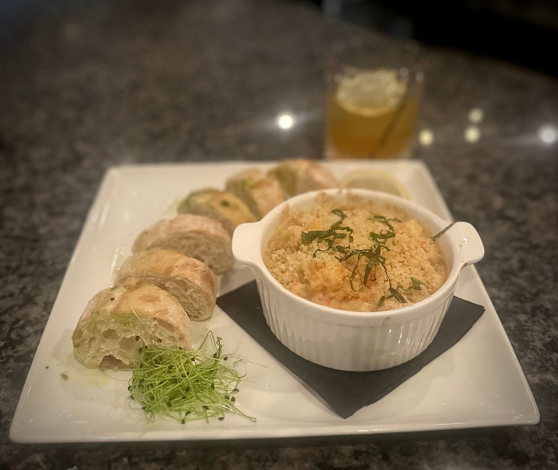 Langostino Mustard Cream Thermidor with, Breadcrumb and Toasted Baguette