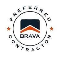 Brava Roofing preferred contractor badge with a logo of orange roof and navy background.