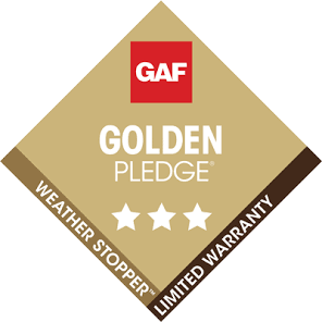 GAF Golden Pledge roofing warranty logo with three stars.