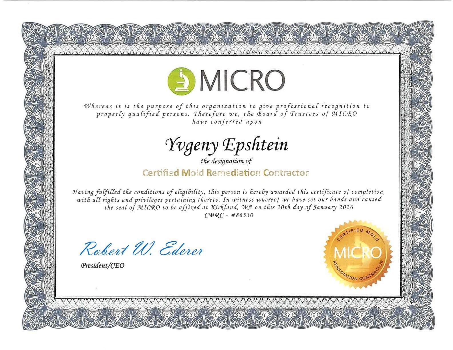 Certificate for Yygeny Epshteyn, a Certified Mold Remediation Contractor. Includes Micro logo and signature.