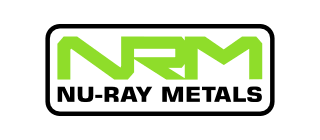 Logo for Nu-Ray Metals, with lime green letters “NRM” inside a black-bordered rectangle.