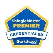 ShingleMaster Premier Credentialed badge by CertainTeed in blue, gold, and white.