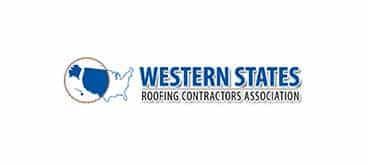 Logo for Western States Roofing Contractors Association; US map in blue, text in blue.