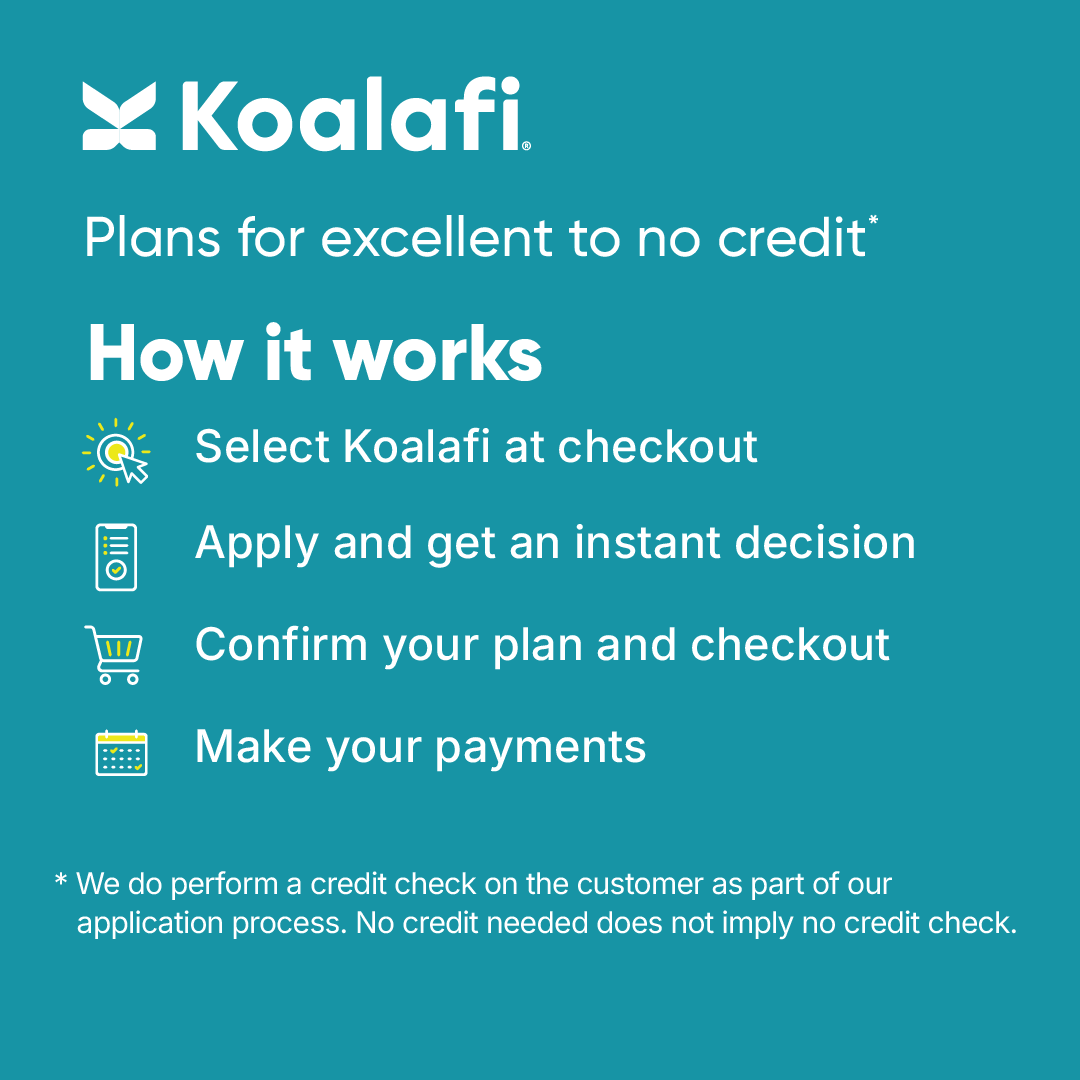 Koalafi financing advertisement. Steps: select, apply, confirm, pay. Turquoise background, white text.