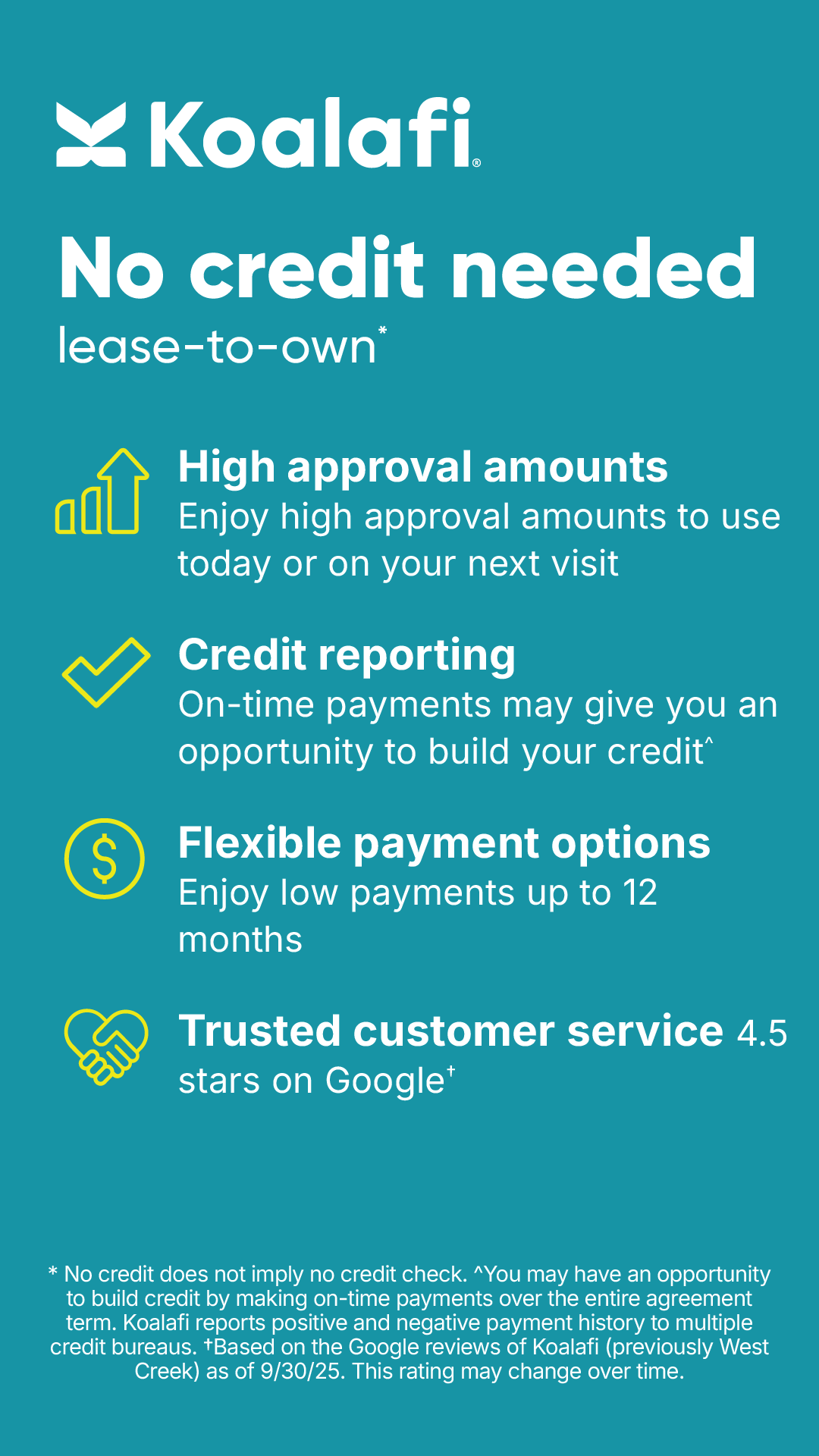 Koalafi ad: No credit needed, lease-to-own. Benefits: high approval amounts, credit reporting, flexible payments, and trusted customer service.