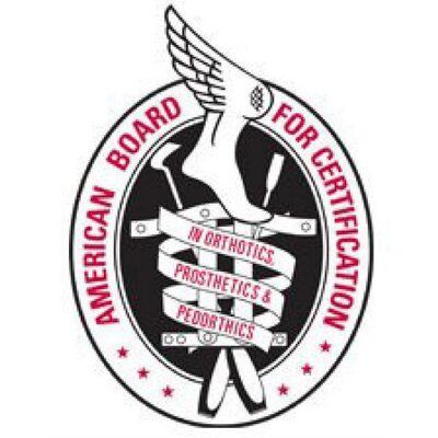 The American Board for Certification in Orthotics, Prosthetics & Pedorthics circular logo featuring a winged foot.