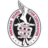 The American Board for Certification in Orthotics, Prosthetics & Pedorthics circular logo featuring a winged foot.