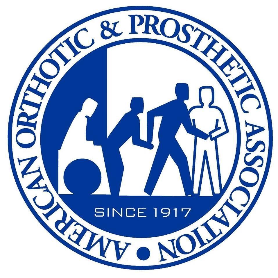 Blue American Orthotic & Prosthetic Association logo with figures assisting others.