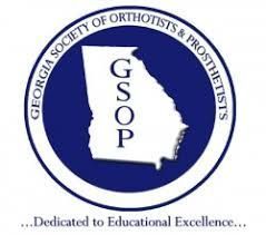 Logo of the Georgia Society of Orthotists & Prosthetists: blue circle with Georgia outline and 