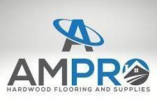 Logo for AMPRO, a hardwood flooring and supplies company. The logo includes the name and a stylized house and 'A' with a blue arc.