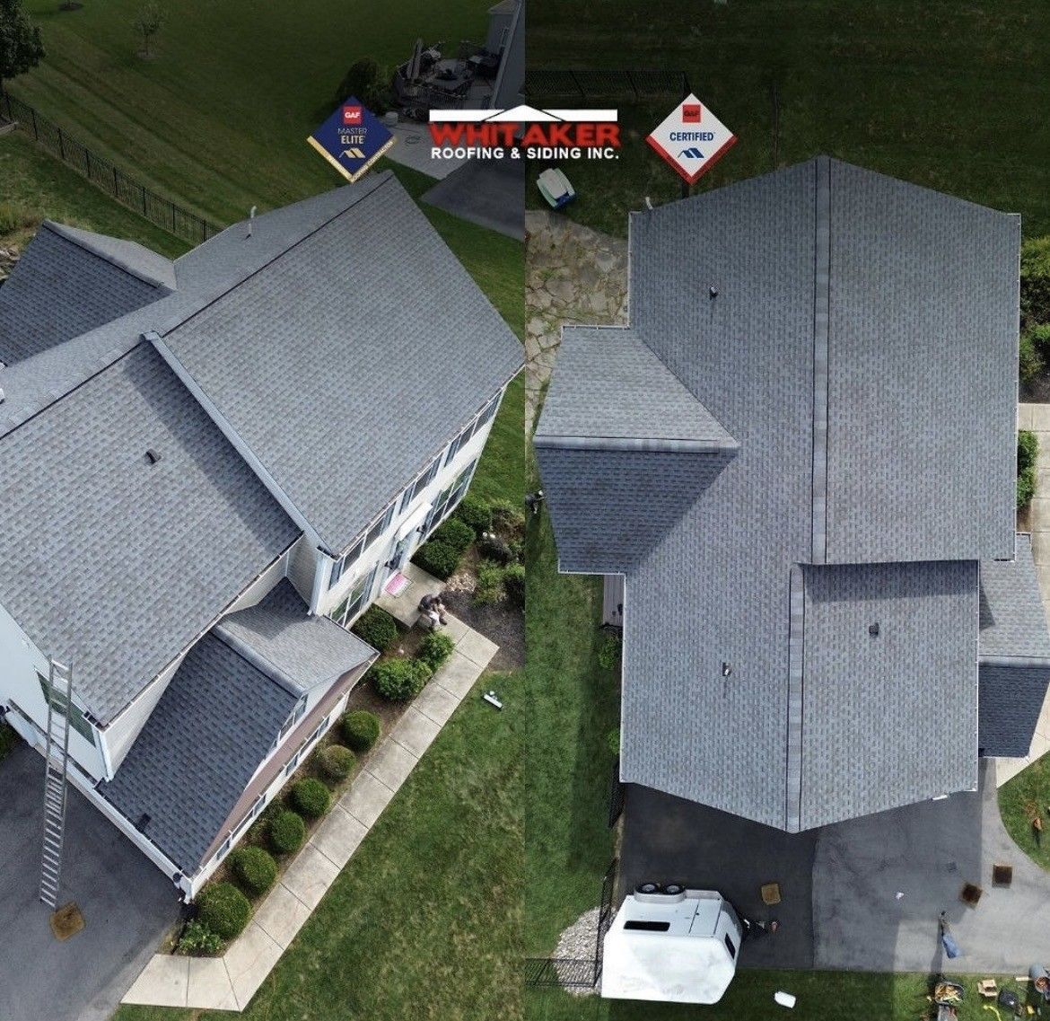 Overhead view of two gray-roofed houses surrounded by green grass and landscaping. Whitaker Roofing logo appears.