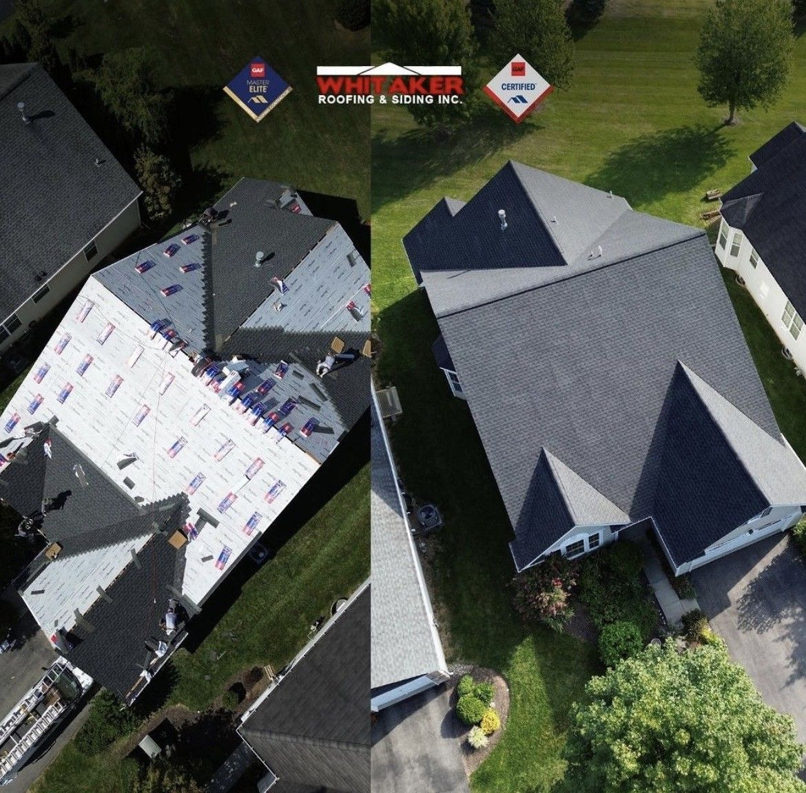 Split aerial view: house with roof partially removed on left, fully shingled roof on right.