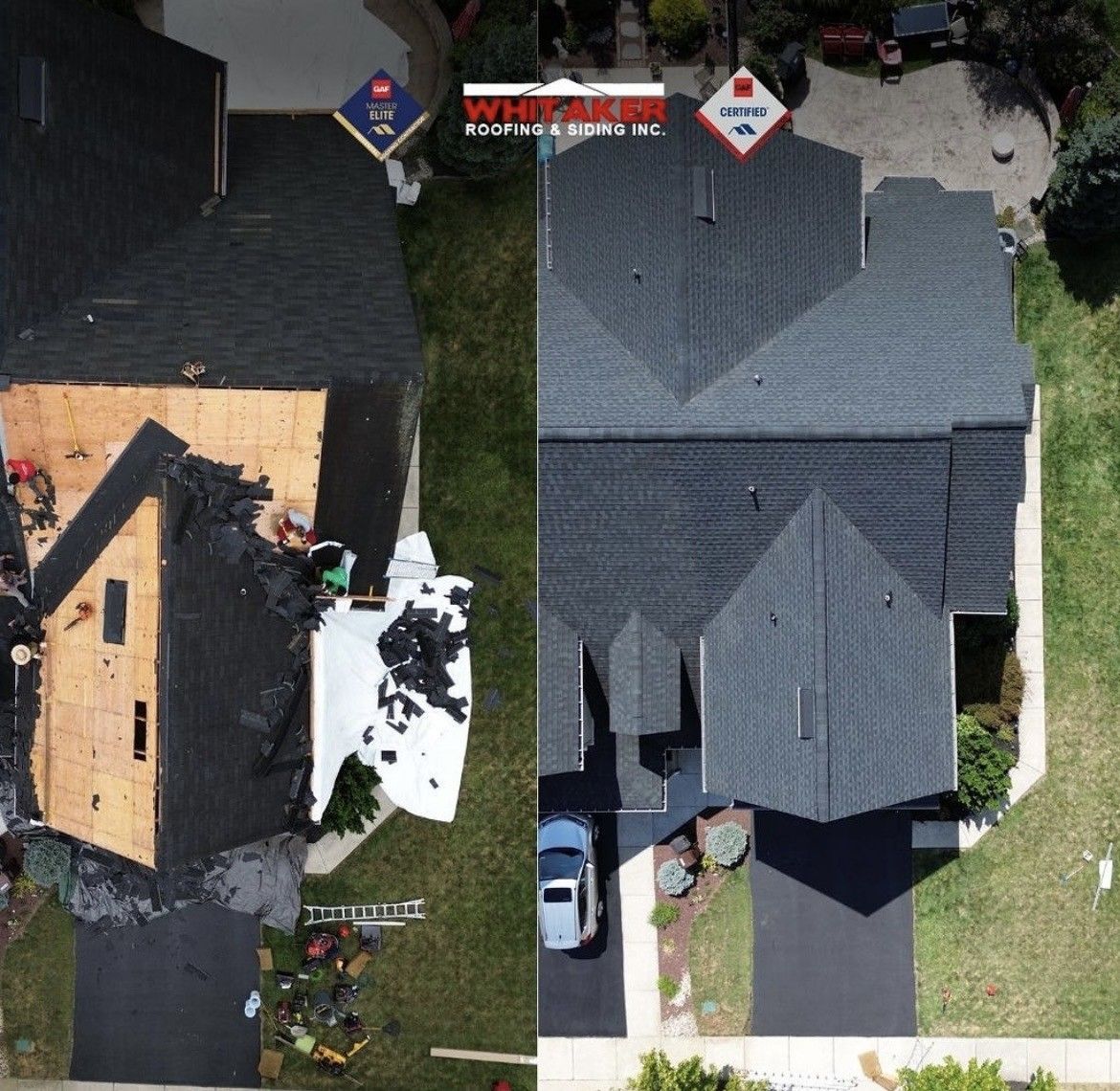Before-and-after aerial view of a house roof. Left side shows roof removal; right side, new black roof.