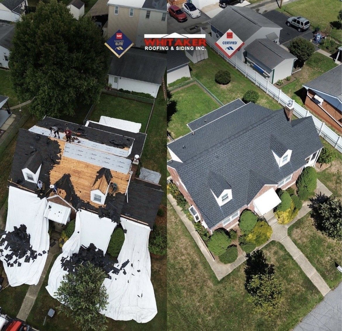 A side-by-side view: a house with a damaged roof being repaired and the same house with a new, dark gray roof.