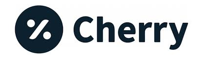 Cherry logo with white percent sign in a dark blue circle and dark blue text