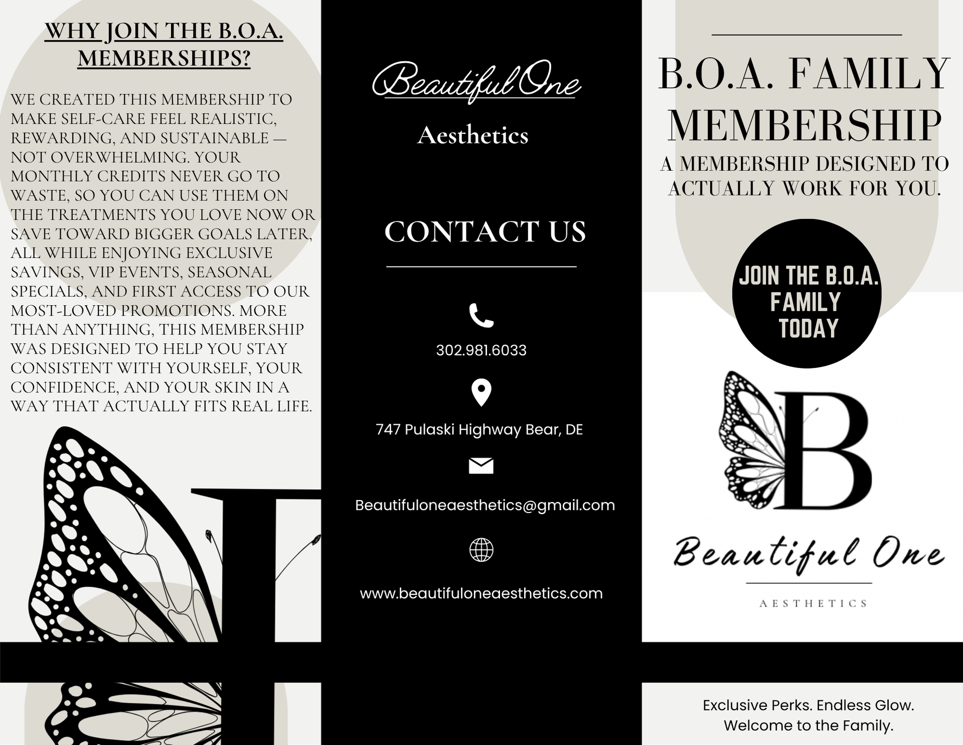 Black-and-white beauty salon membership flyer with butterfly, “Contact Us,” and family membership details