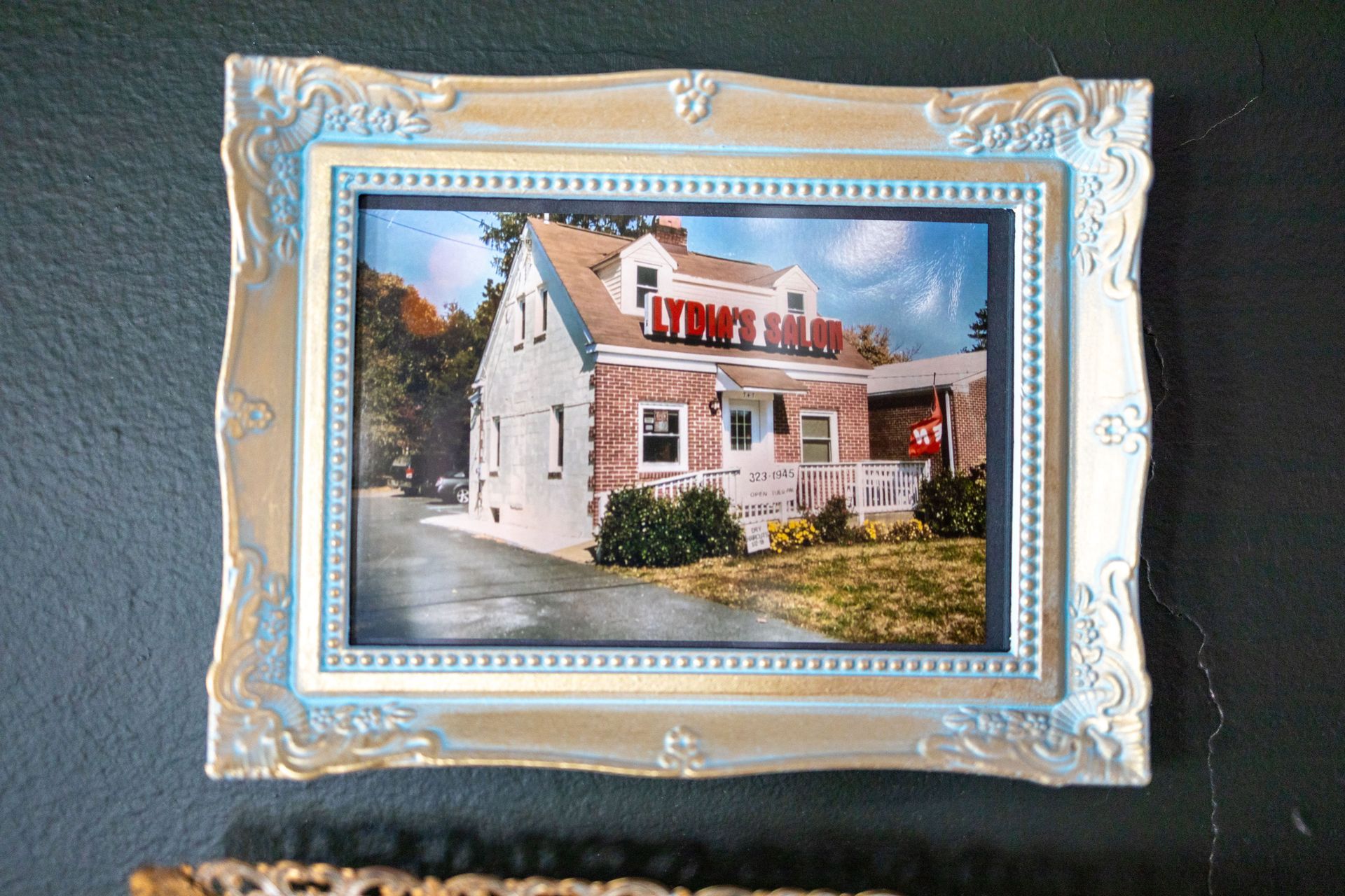 Framed painting of a white house with a red roof and blue sky on a gray wall