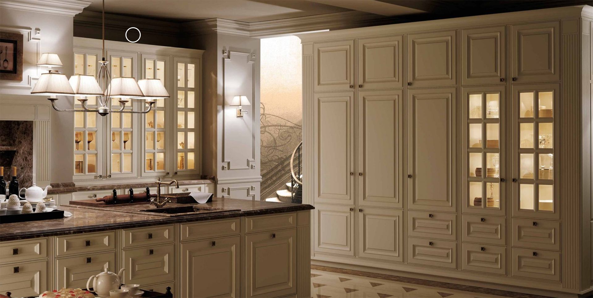 A classic kitchen with cream-colored cabinets, granite countertops, and a large island. Warm lighting highlights the design.