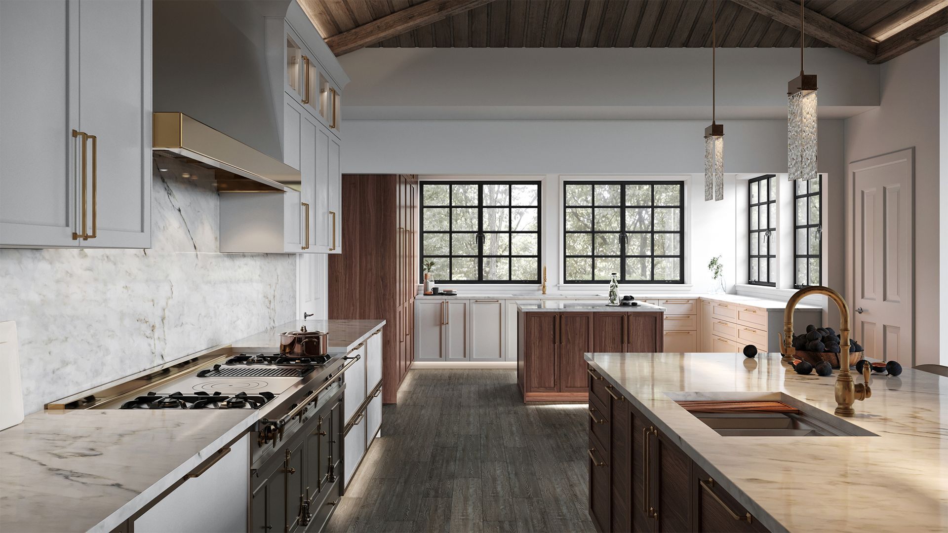 A modern kitchen with gray and wood cabinets, a marble countertop, and a large island.  Dark windows look out onto a green landscape.