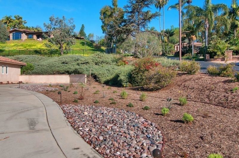 Landscaped hillside with rocks, plants, and shrubs; a driveway in the foreground and houses on the hill.