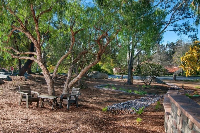 Two wooden chairs and a table sit under a tree in a park. Brown mulch covers the ground, with a stone border.