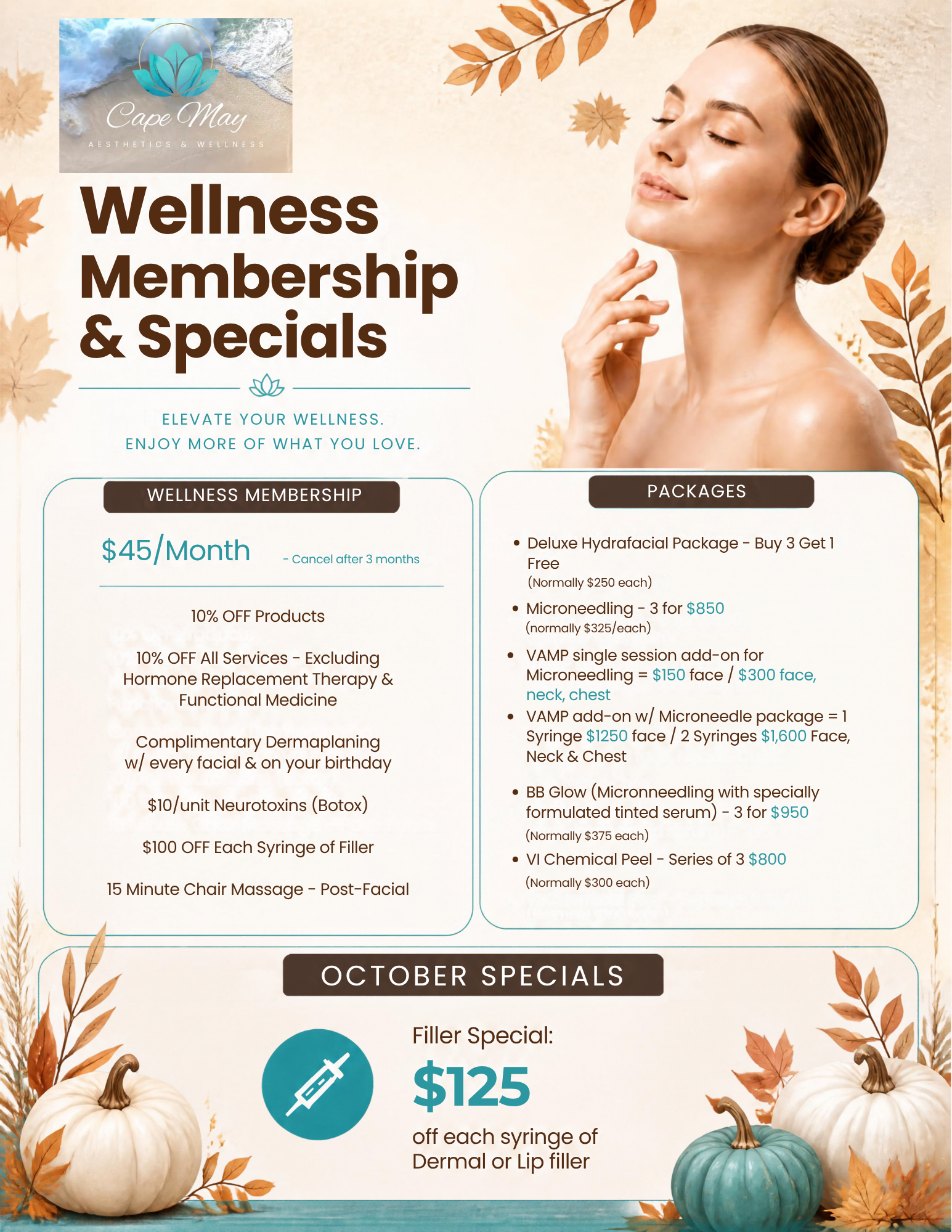 Wellness membership specials flyer with pricing, benefits, and colorful plan boxes
