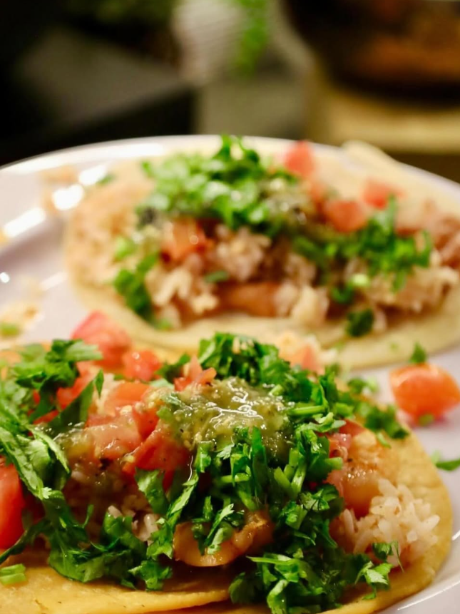 A close up of two tacos on a plate with tomatoes and cilantro.