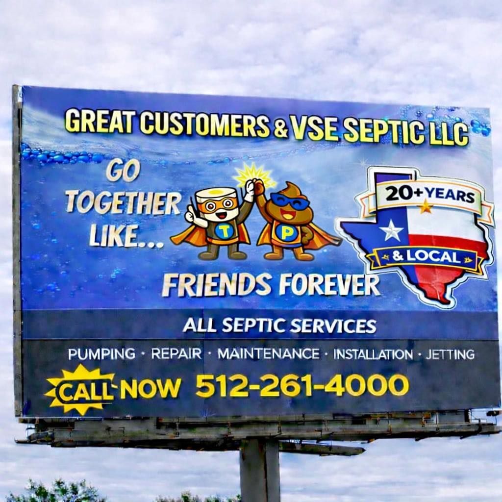 Billboard for VSE Septic LLC with a cartoon toilet paper roll and a pile of poop high-fiving. Phone: 512-261-4000.