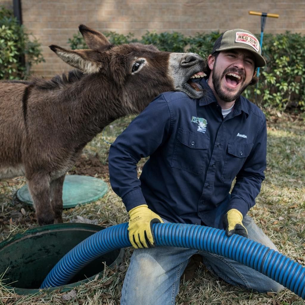 A man in work clothes kneels outdoors holding a blue hose as a donkey nuzzles his shoulder and neck.