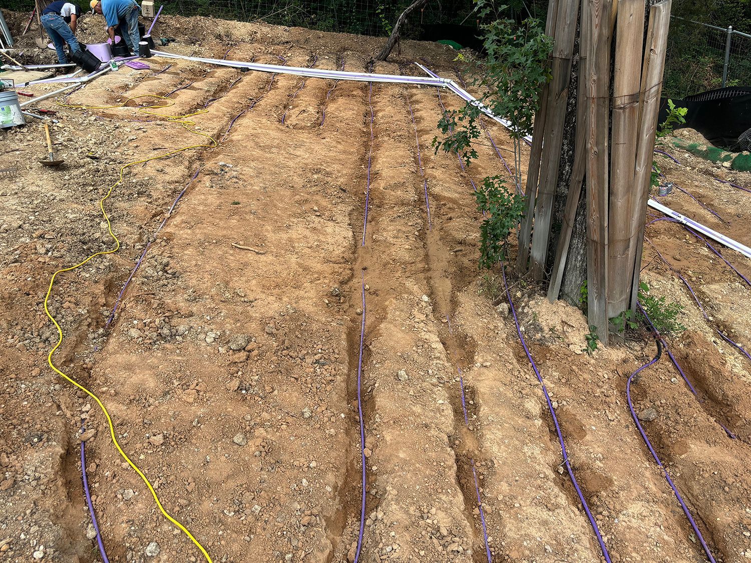 People installing irrigation lines in shallow trenches across a bare, tilled garden bed in a sunny outdoor setting.