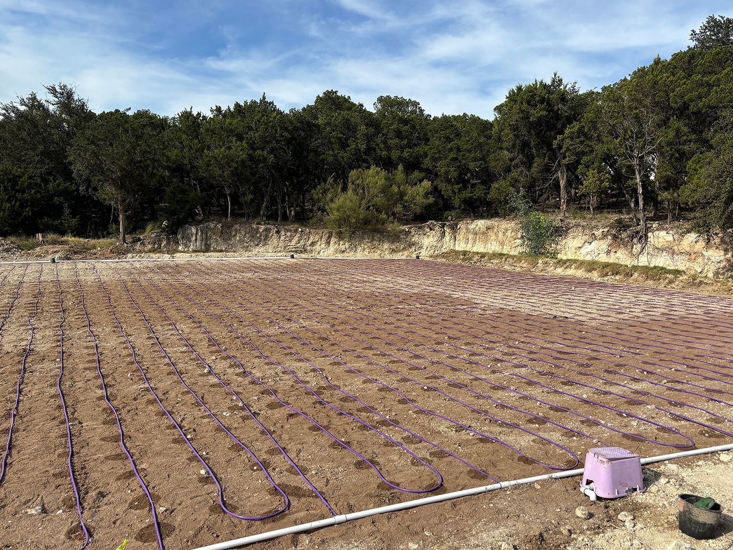 A field with rows of purple irrigation tubing laid over tilled soil in front of a tree-lined hillside under a blue sky.