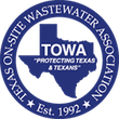 Blue circular logo of the Texas On-Site Wastewater Association with a map of Texas and the text 