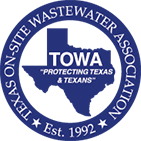 Blue circular logo of the Texas On-Site Wastewater Association with a map of Texas and the text 