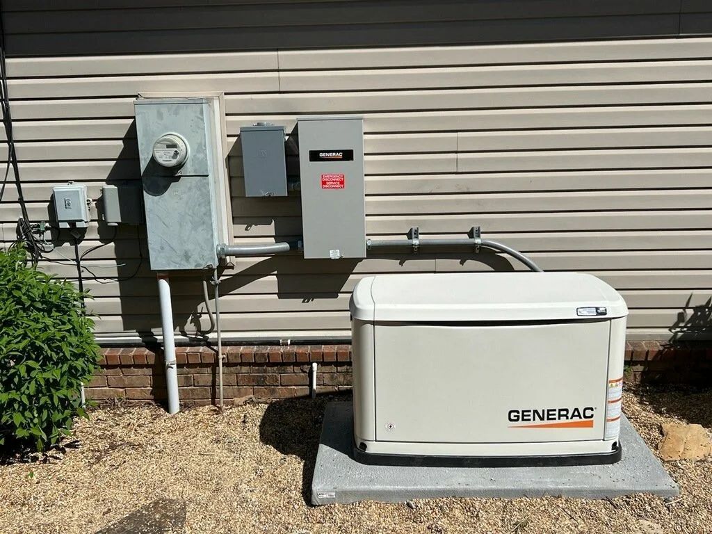Outdoor Generac standby generator beside utility meters against a house wall