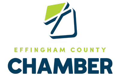 Effingham County Chamber logo in green and blue with stylized graphic above text