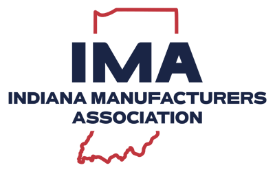 IMA Indiana Manufacturers Association logo in navy and red with an outline of Indiana