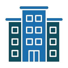 A stylized, flat icon of a multi-story building with a central taller section, colored in shades of dark and light blue.