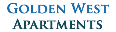 "Golden West Apartments" text in a serif font, blue on top and dark teal on the bottom.